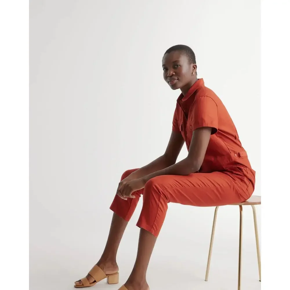 QUINCE Rust Red Cotton Linen Twill Short Sleeve Coverall Jumpsuit Medium
